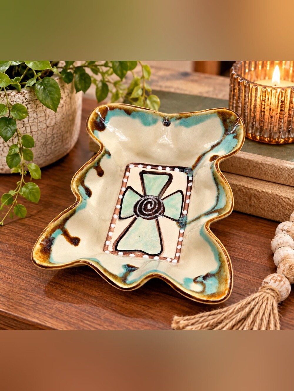 Signed Studio Art Pottery Trinket Dish, Teal & Brown Abstract Cross